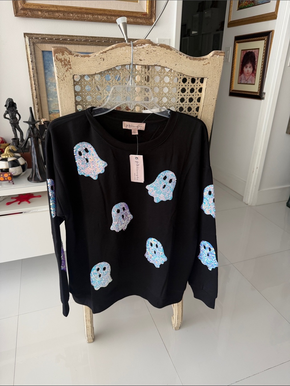 Philosophy Black Sequin Ghost Crewneck Sweatshirt